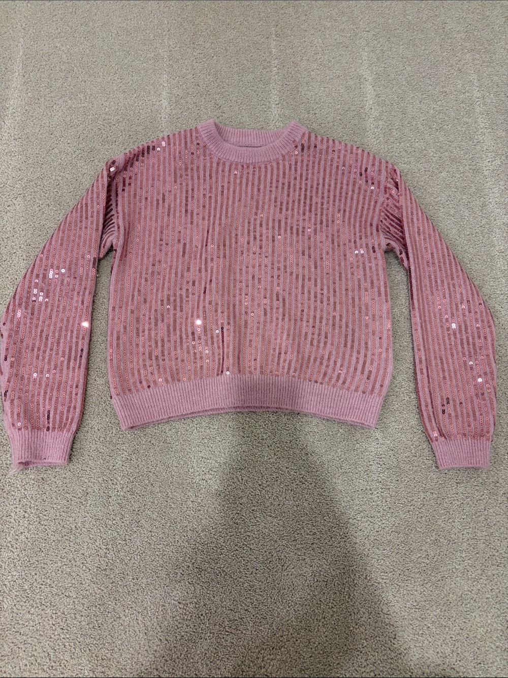 Zara Rose Pink Sequin Ribbed Crewneck Sweater